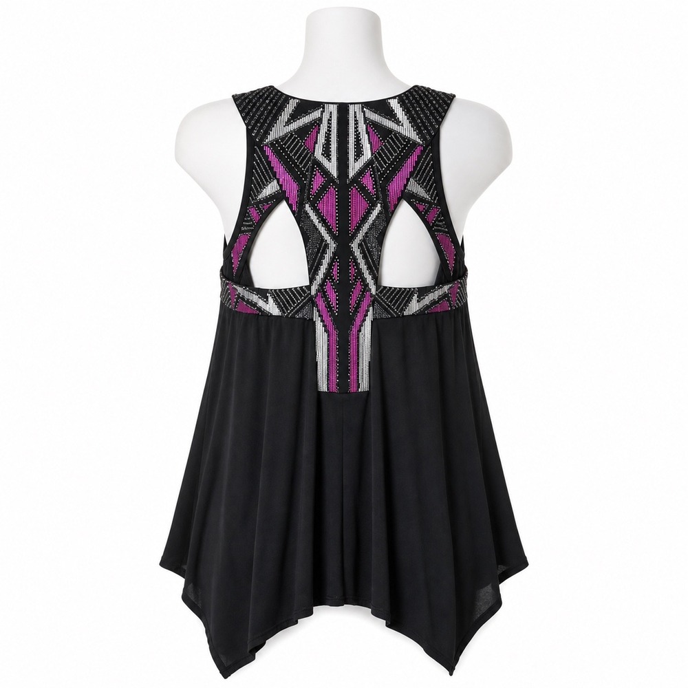 Express Tank Top Women XS Black Sequin Geometric Back Cutout Sharkbite Hem Party